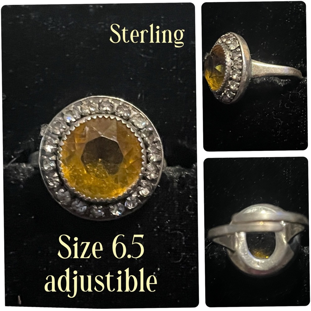 Lemon topaz with rhinestone surrounding in sterling silver size 6.5 adjustable